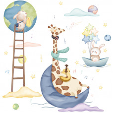 Sticker Autocolant Perete Copii, Girafa cu chitara si Iepurasi, 90x90 cm, Aida HER® Sticker Autocolant Perete Copii, Girafa cu chitara si Iepurasi, 90x90 cm, Aida HER®
