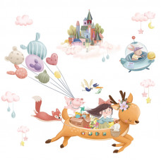 Sticker Autocolant Perete Copii, Fetita in Zbor pe Caprioara, Vulpe, Iepuras, Porcusor cu Baloane, Castel, Nori, Luna si Stele, 70x100 cm, Aida HER® Sticker Autocolant Perete Copii, Fetita in Zbor pe Caprioara, Vulpe, Iepuras, Porcusor cu Baloane, Castel, Nori, Luna si Stele, 70x100 cm, Aida HER®