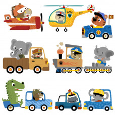 Sticker Autocolant Perete Copii, Animale in Masinute, Tren, Avion si Elicopter, 90x90 cm, Aida HER® Sticker Autocolant Perete Copii, Animale in Masinute, Tren, Avion si Elicopter, 90x90 cm, Aida HER®