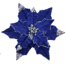 Floare decorativa pentru Craciun din catifea cu glitter, Albastra
