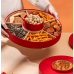 Platou servire cu zona depozitare pentru fructe uscate, seminte, dulciuri, diverse gustari, cu 5 zone separate depozitare, rotund, plastic, rosu