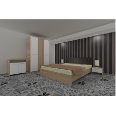 Dormitor Luiza 3U5PTM, culoare sonoma / alb, cu pat tapiterie maro 140 x 200, dulap cu 3 usi 123 cm, comoda si 2 noptiere Dormitor Luiza 3U5PTM, culoare sonoma / alb, cu pat tapiterie maro 140 x 200, dulap cu 3 usi 123 cm, comoda si 2 noptiere