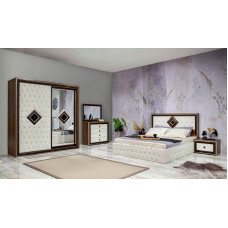 Dormitor Riga, culoare nuc / alb, cu dulap 200 cm, comoda si 2 noptiere