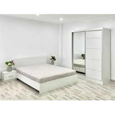 Dormitor Madrid, culoare alb, cu pat standard 140 x 200 cm, dulap cu oglinda 150 cm si 2 noptiere Dormitor Madrid, culoare alb, cu pat standard 140 x 200 cm, dulap cu oglinda 150 cm si 2 noptiere