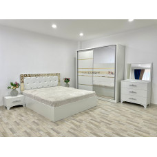 Dormitor Palermo, culoare alb, cu pat tapitat 160 x 200 cm, dulap cu 2 usi, comoda cu oglinda, 2 noptiere Dormitor Palermo, culoare alb, cu pat tapitat 160 x 200 cm, dulap cu 2 usi, comoda cu oglinda, 2 noptiere