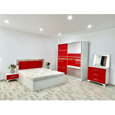 Dormitor Palermo, culoare alb / rosu, cu pat tapitat 160 x 200 cm, dulap cu 2 usi, comoda cu oglinda, 2 noptiere Dormitor Palermo, culoare alb / rosu, cu pat tapitat 160 x 200 cm, dulap cu 2 usi, comoda cu oglinda, 2 noptiere