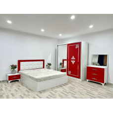 Dormitor Milano, culoare alb / rosu, cu pat tapitat 160 x 200 cm, dulap cu 2 usi, comoda cu oglinda, 2 noptiere Dormitor Milano, culoare alb / rosu, cu pat tapitat 160 x 200 cm, dulap cu 2 usi, comoda cu oglinda, 2 noptiere