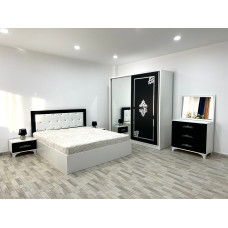 Dormitor Milano, culoare alb / negru, cu pat tapitat 160 x 200 cm, dulap cu 2 usi, comoda cu oglinda, 2 noptiere Dormitor Milano, culoare alb / negru, cu pat tapitat 160 x 200 cm, dulap cu 2 usi, comoda cu oglinda, 2 noptiere