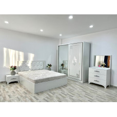 Dormitor Milano, culoare alb, cu pat tapitat 160 x 200 cm, dulap cu 2 usi, comoda cu oglinda, 2 noptiere Dormitor Milano, culoare alb, cu pat tapitat 160 x 200 cm, dulap cu 2 usi, comoda cu oglinda, 2 noptiere