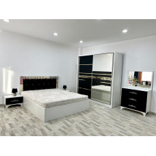 Dormitor Palermo, culoare alb / negru, cu pat tapitat 160 x 200 cm, dulap cu 2 usi, comoda cu oglinda, 2 noptiere Dormitor Palermo, culoare alb / negru, cu pat tapitat 160 x 200 cm, dulap cu 2 usi, comoda cu oglinda, 2 noptiere