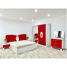 Dormitor Viena, culoare alb / rosu, cu pat tapitat 160 x 200 cm, dulap cu 2 usi, comoda cu oglinda, 2 noptiere