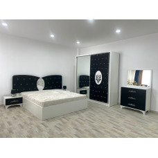 Dormitor Viena, culoare alb / negru, cu pat tapitat 160 x 200 cm, dulap cu 2 usi, comoda cu oglinda, 2 noptiere