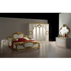 Dormitor Barocco, culoare alb / auriu, cu pat tapitat 160 x 200 cm, dulap cu 6 usi si oglinda, comoda, 2 noptiere (saltea si somiera incluse)