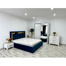 Dormitor complet Napoli, culoare albastru / alb, cu pat Napoli 160 x 200 cm, dressing Erika 150 cm, 2 noptiere si comoda Viena