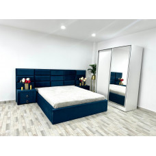 Dormitor Roma, culoare albastru / alb, cu pat Roma 160 x 200 cm, dressing Erika si 2 noptiere Roma