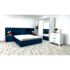 Dormitor complet Roma, culoare albastru / alb, cu pat Roma 160 x 200 cm, dressing Erika, 2 noptiere Roma si comoda Viena