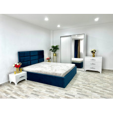 Dormitor complet Roma, culoare albastru / alb, cu pat Roma 160 x 200 cm, dressing Erika, 2 noptiere si comoda Viena