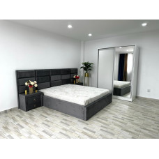 Dormitor Roma, culoare gri / alb, cu pat Roma 160 x 200 cm, dressing Erika si 2 noptiere Roma