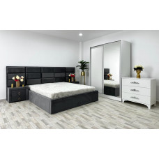 Dormitor complet Roma, culoare gri / alb, cu pat Roma 160 x 200 cm, dressing Erika, 2 noptiere Roma si comoda Viena