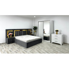 Dormitor complet Napoli, culoare gri / alb, cu pat Napoli 160 x 200 cm, dressing Erika 150 cm, 2 noptiere Napoli si comoda Viena