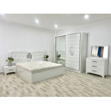 Dormitor Viena, culoare alb, cu pat tapitat 160 x 200 cm, dulap cu 2 usi, comoda cu oglinda, 2 noptiere si saltea