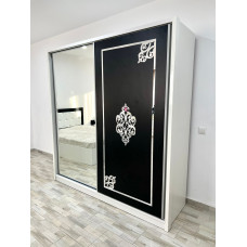 Dressing Milano cu oglinda, culoare alb / negru, 200 x 206 x 60 cm, usi glisante