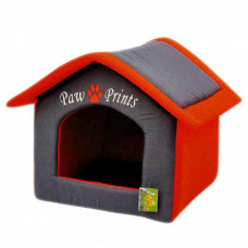 Culcus in forma de casa, Paw Prints, Textil, pentru caini/pisici, Rosu/Gri