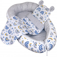 Set 3 piese Baby Nest cu Pernita si Salteluta, fata dubla Blue Rainbow Star - Multicolor Set 3 piese Baby Nest cu Pernita si Salteluta, fata dubla Blue Rainbow Star - Multicolor
